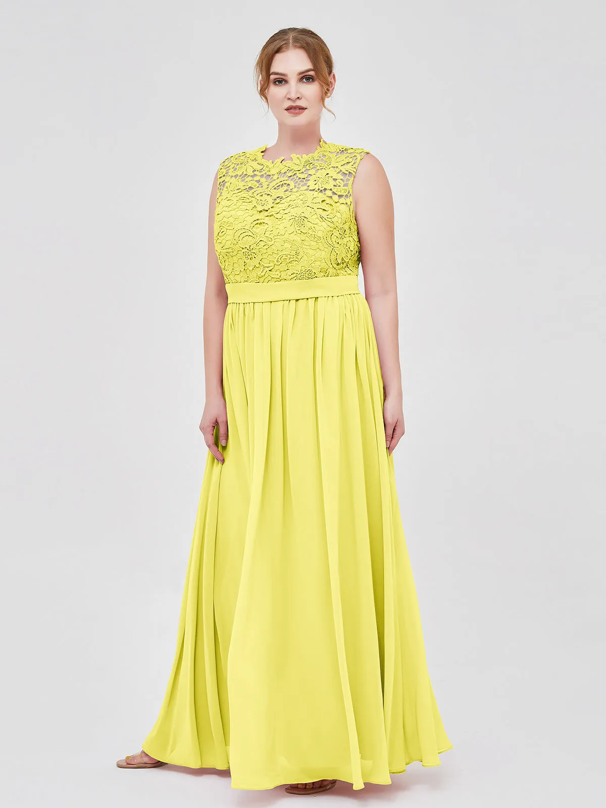 Illusion Neck Chiffon and Lace Dresses Lemon