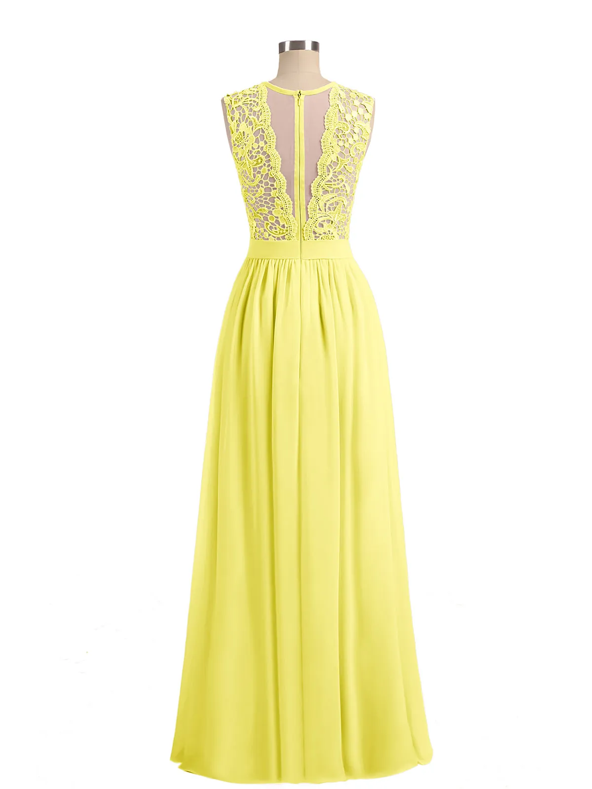 Illusion Neck Chiffon and Lace Dresses Lemon