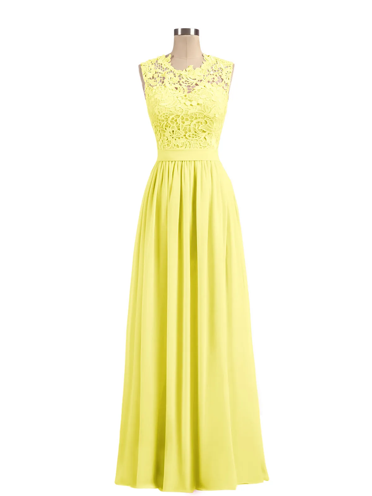 Illusion Neck Chiffon and Lace Dresses Lemon