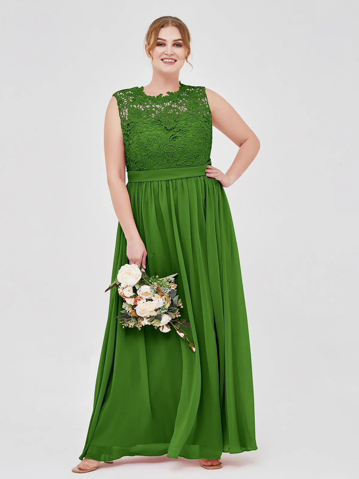 Illusion Neck Chiffon and Lace Dresses Moss