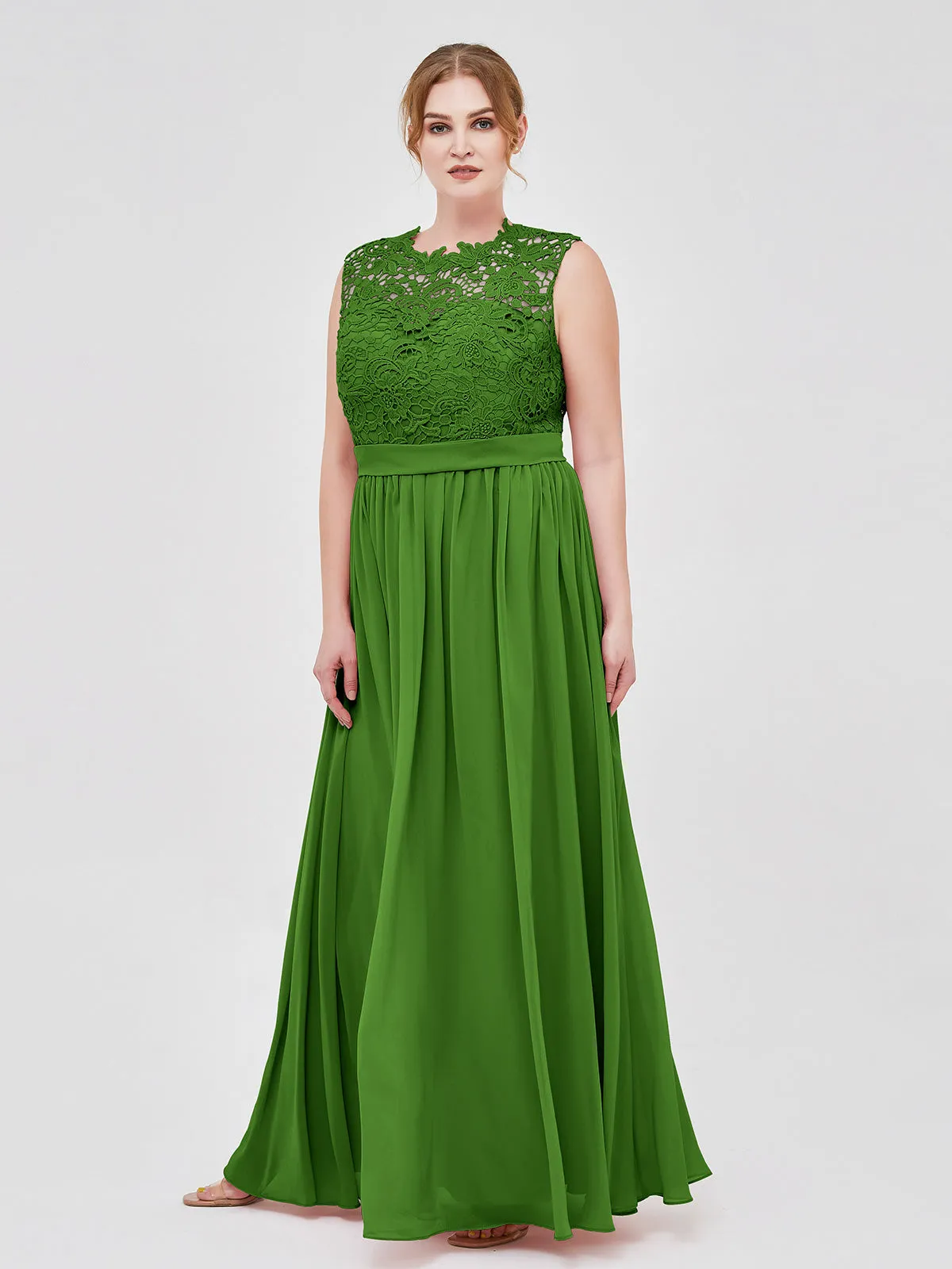 Illusion Neck Chiffon and Lace Dresses Moss