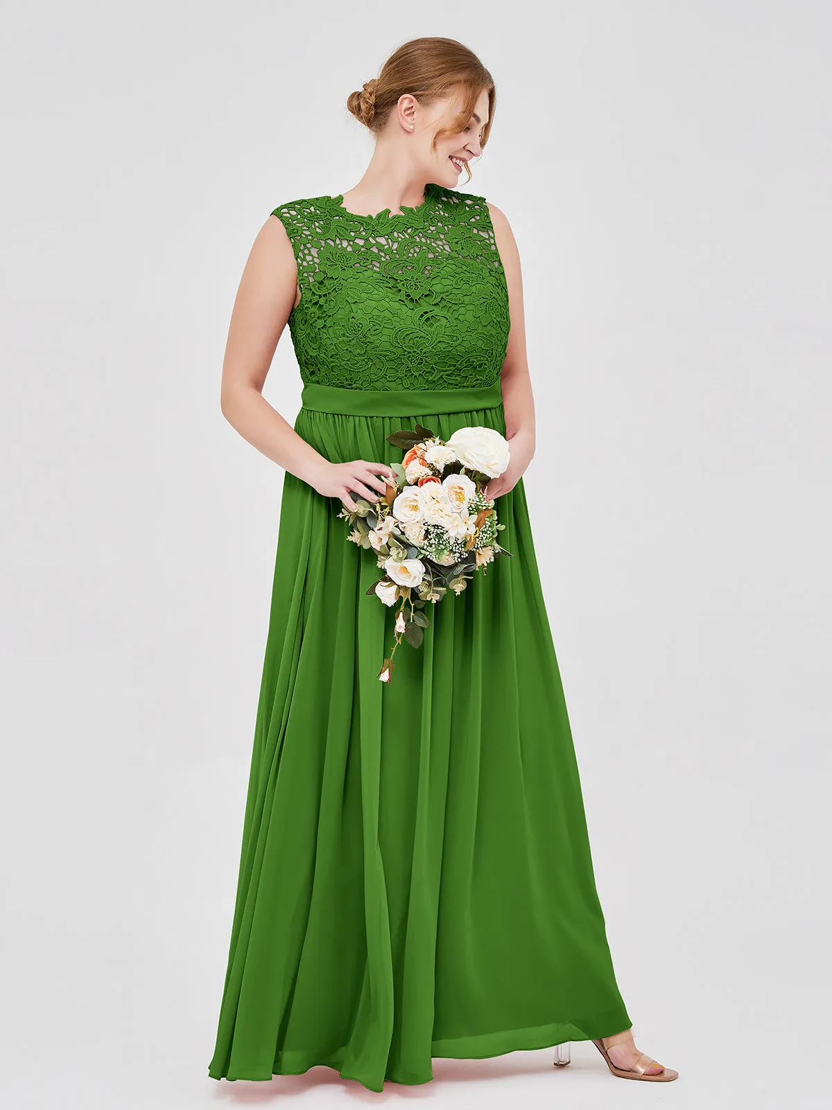 Illusion Neck Chiffon and Lace Dresses Moss