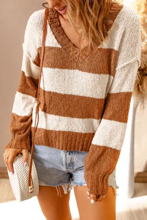 Khaki Striped V Neck Pullover Sweater