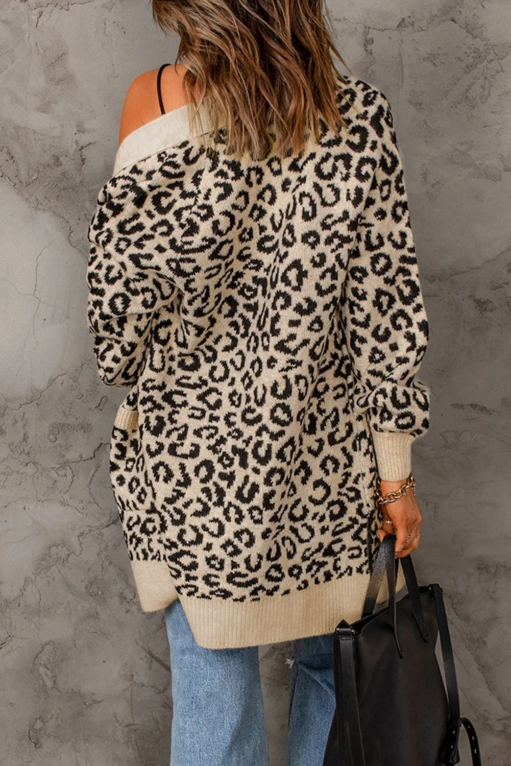 Leopard Knit Open Front Long Cardigan