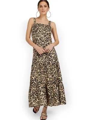 Linen-Blend Leopard-Print Maxi Dress