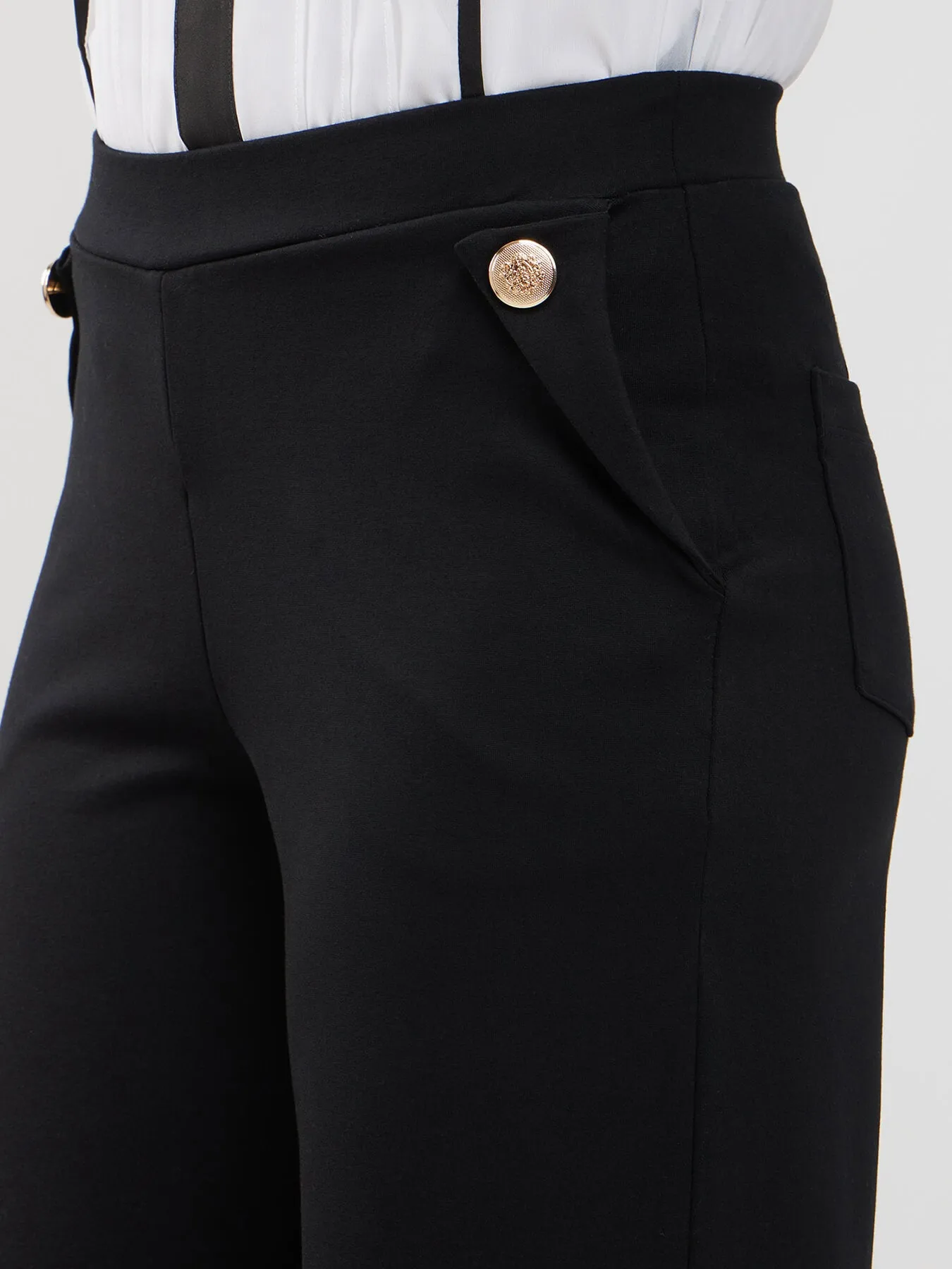 LivIn Wide Leg Pants With Buttons- Black