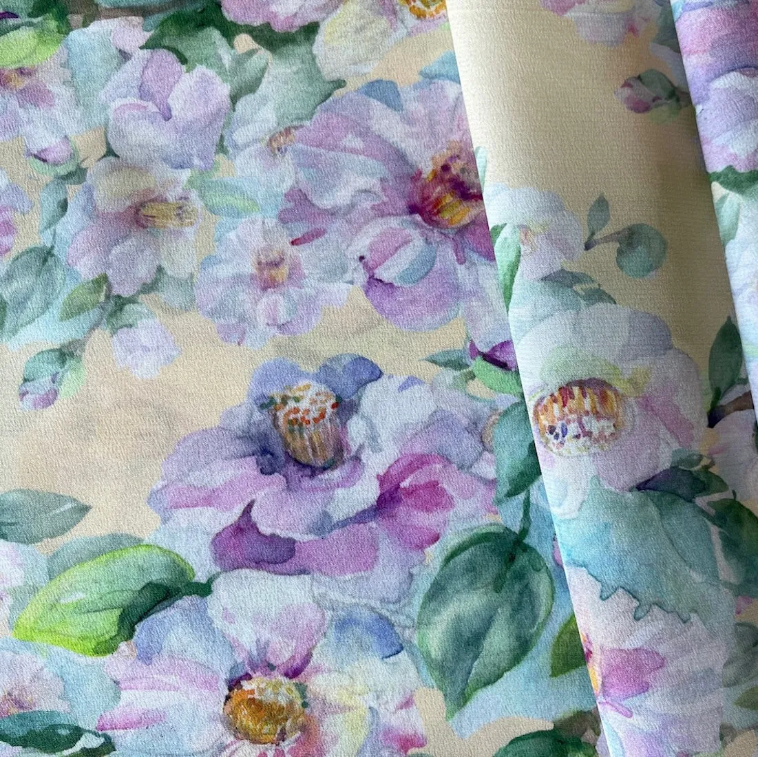 Magnolias on Lemon Froth Silk Crepe de Chine (Made in Italy)