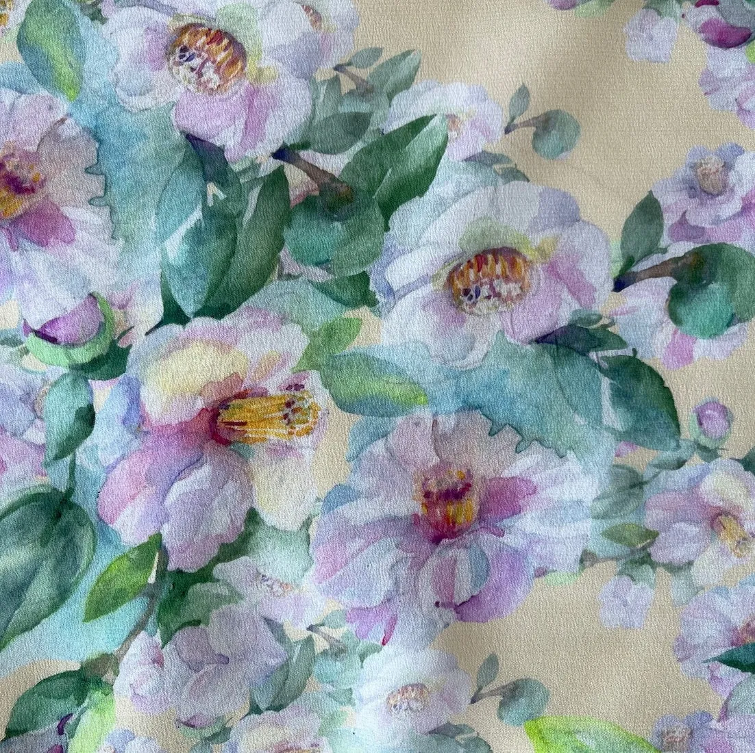 Magnolias on Lemon Froth Silk Crepe de Chine (Made in Italy)