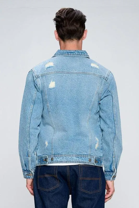 Mens Light Denim Blue Jean Jacket with Distressed