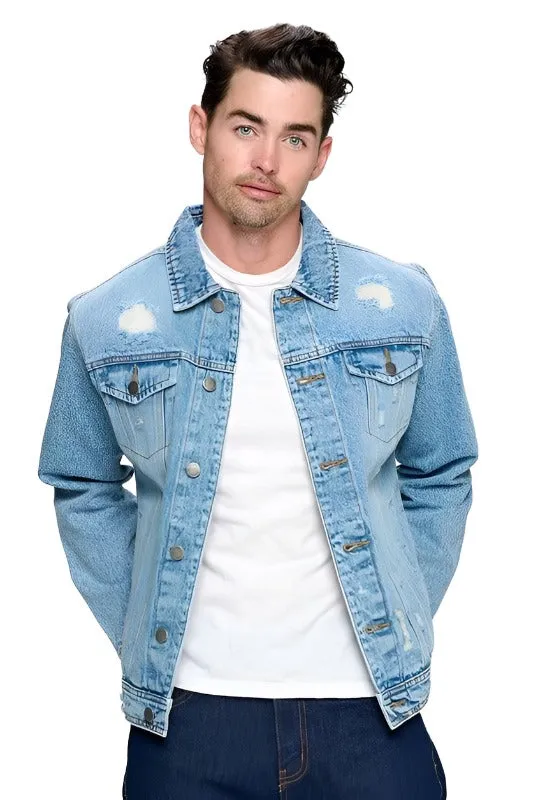 Mens Light Denim Blue Jean Jacket with Distressed