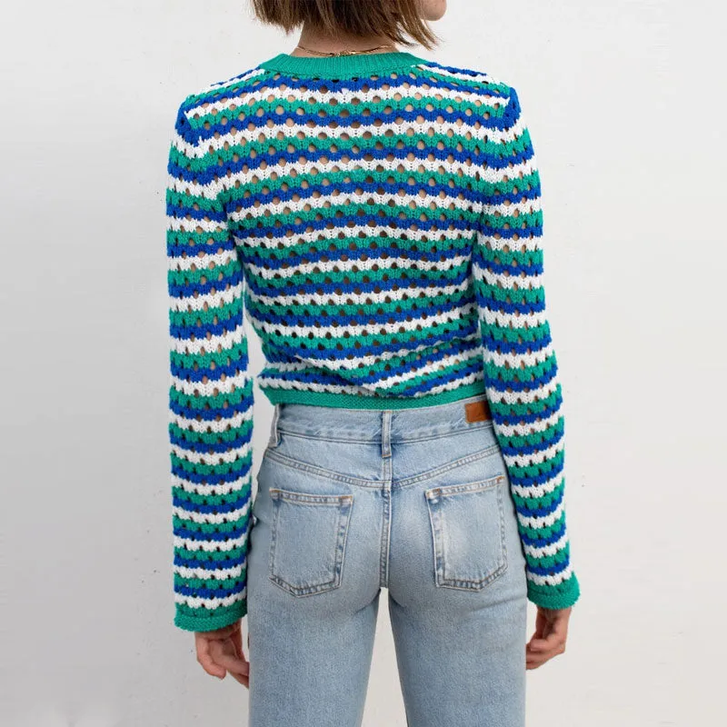 Multicolor Contrast Striped Print Crew Neck Crochet Open Knit Cropped Sweater