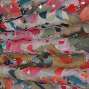 Multiple Prints Chinon Chiffon Mirror Work Fabric