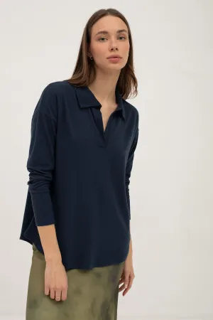 Mus & Bombon Odiel Long Sleeve Polo Shirt | Navy | Clearance Final Sale