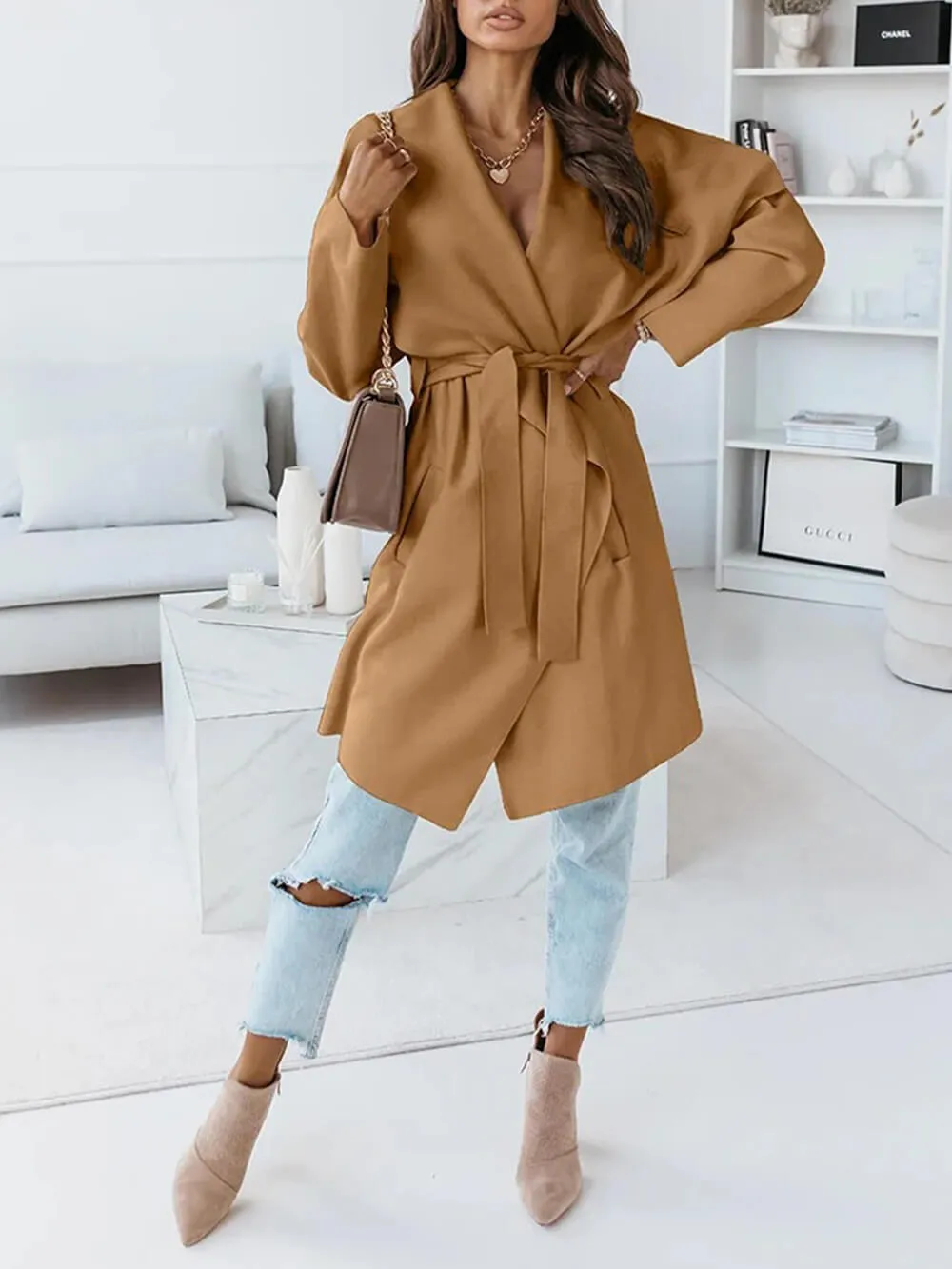 Oversized Lapel Belted Coat Mid Length Hooded