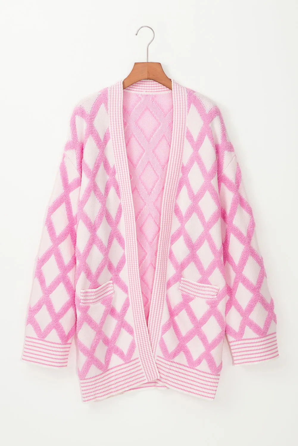 Pink Rhombus Pattern Knit Open Front Pocketed Cardigans