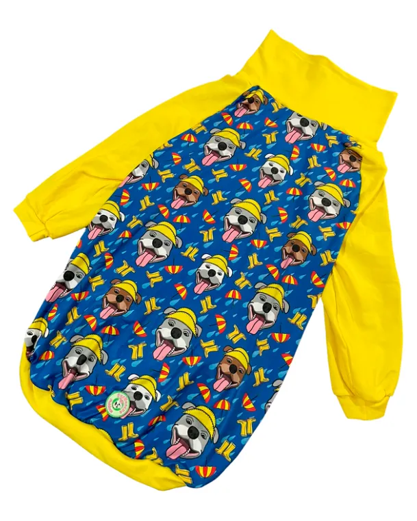 Pitties in the Rain - PAWJama with Yellow Trim/Sleeves