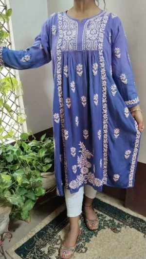 Purple Exclusive Chikankari Work Rayon Naira Cut Kurti and Pant Set