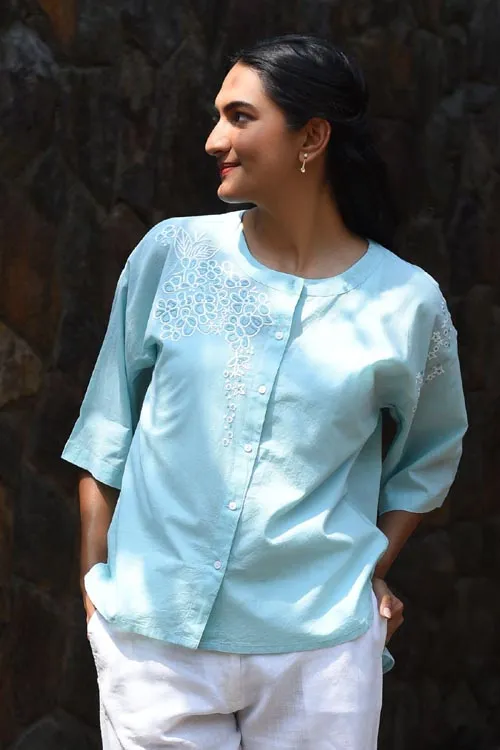 Rangsutra Nargis Blue Kashmiri Crewel Hand Embroidered  Cotton Top.