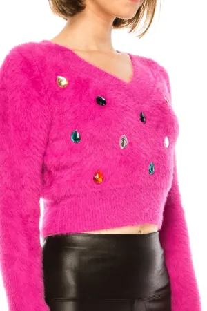 Soft & Fuzzy Jeweled Cropped Sweater in Fuchsia