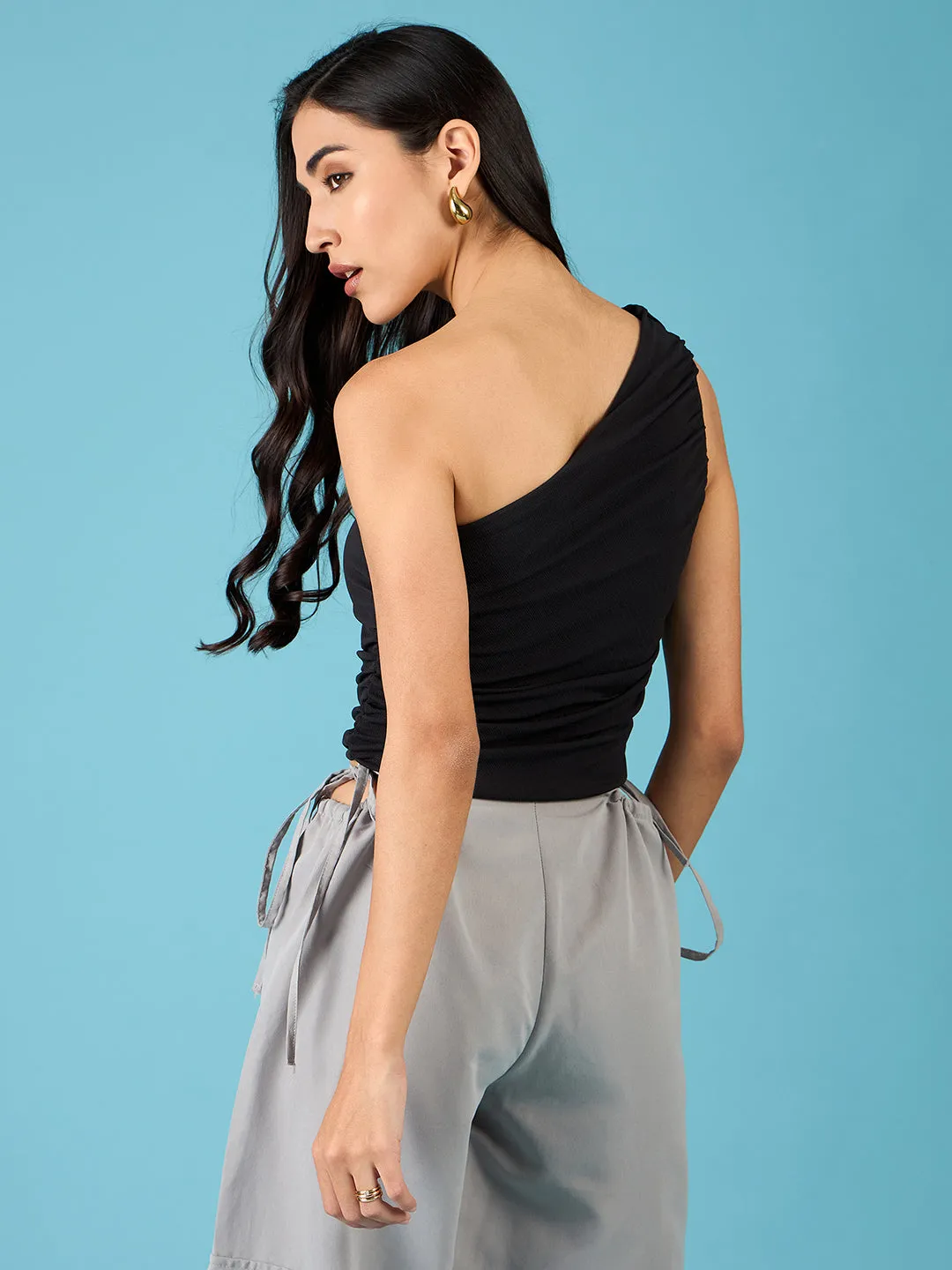 Stretchable One Shoulder Top with Gathered Sides