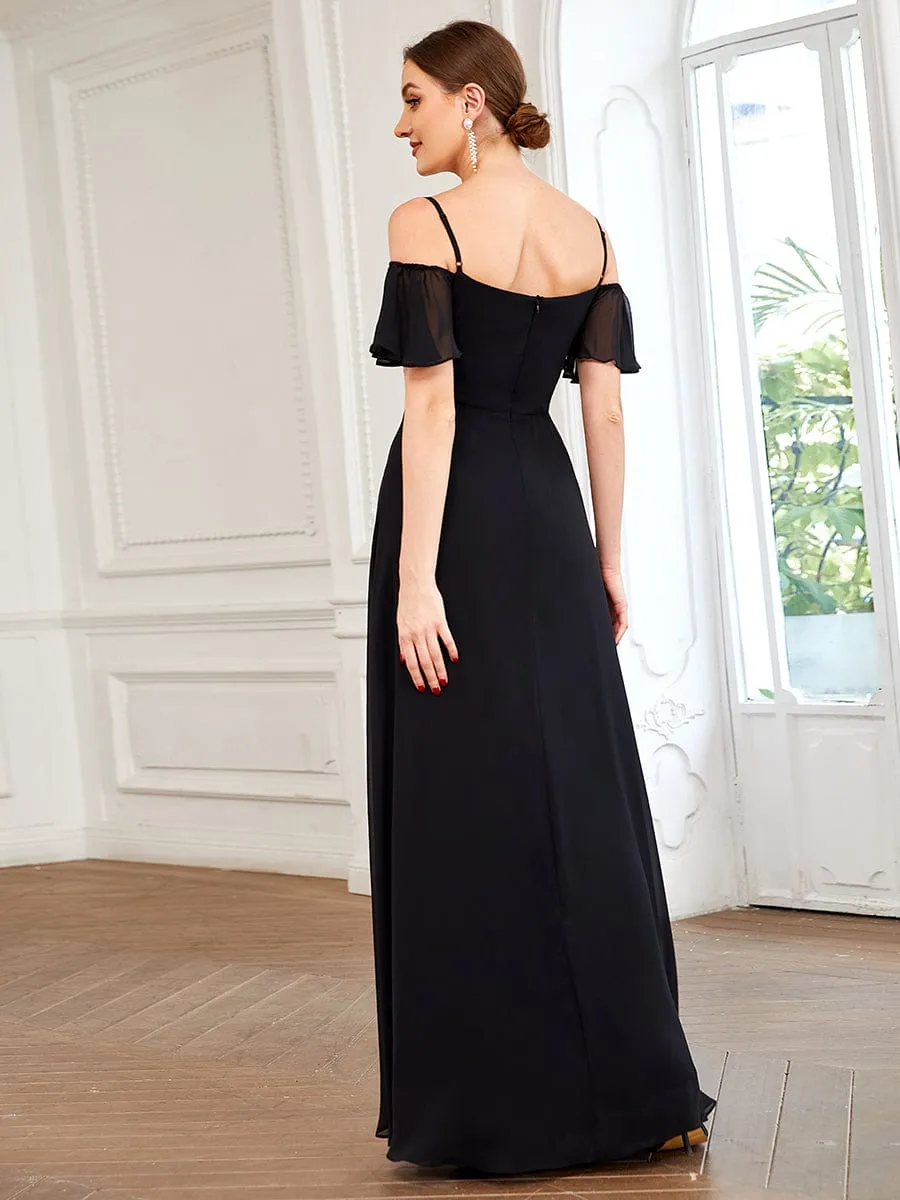 Stylish Cold Shoulder Flare Sleeves Flowy Bridesmaid Dress