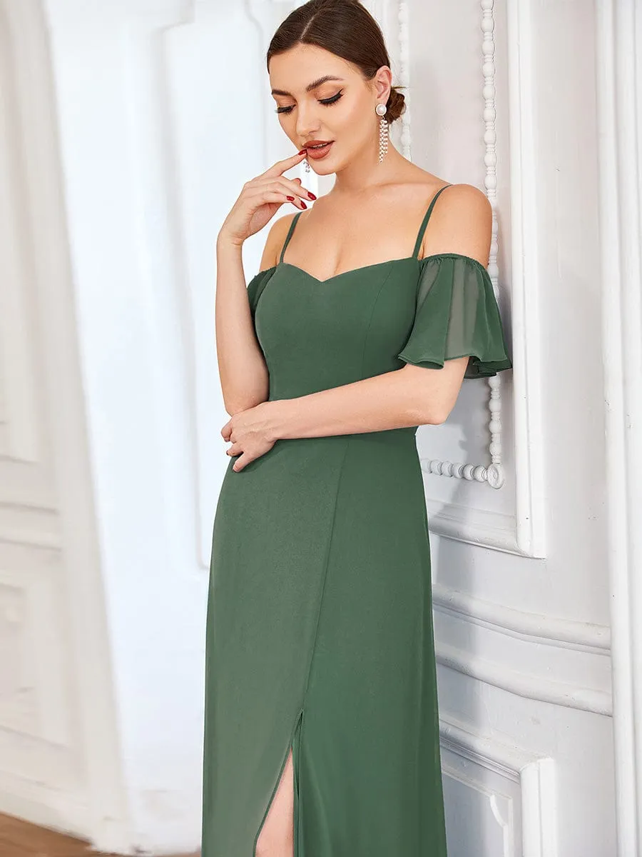 Stylish Cold Shoulder Flare Sleeves Flowy Bridesmaid Dress