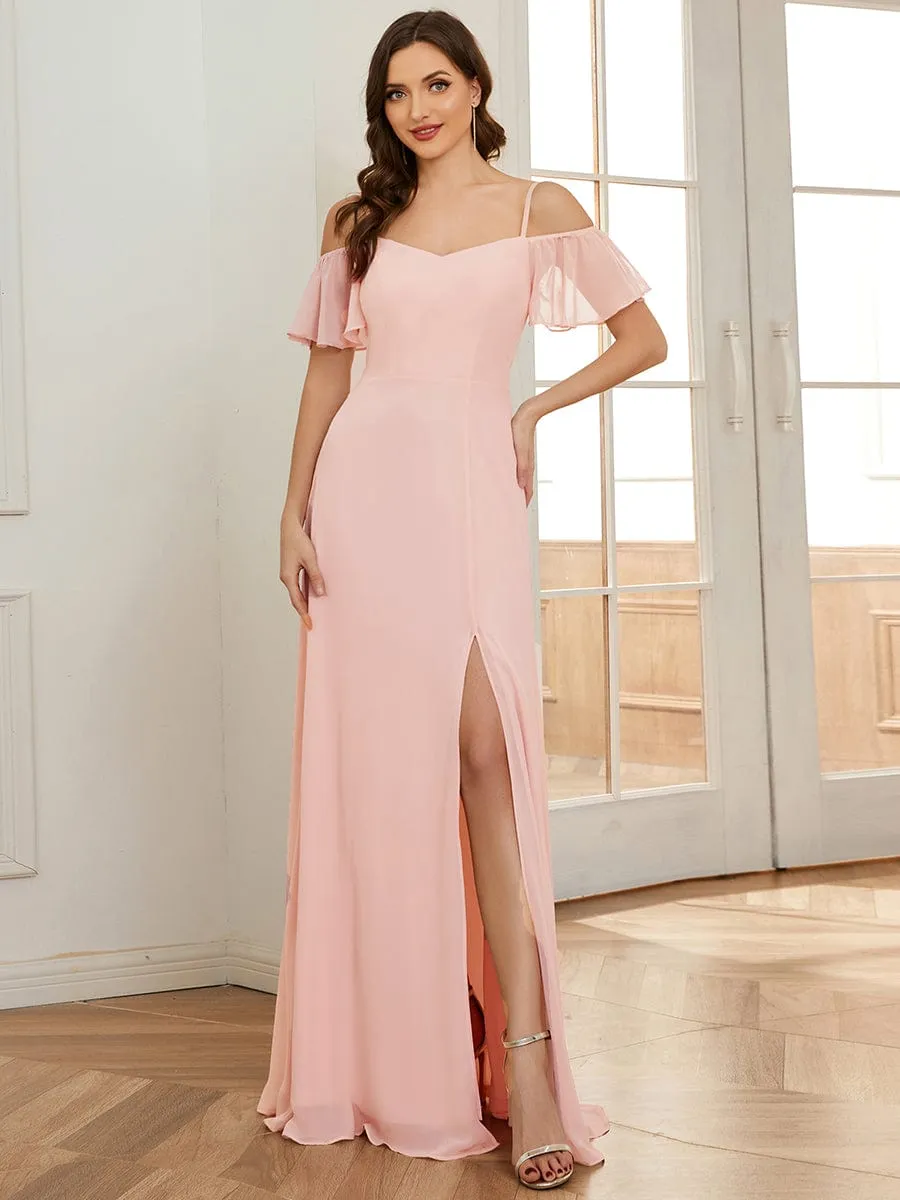 Stylish Cold Shoulder Flare Sleeves Flowy Bridesmaid Dress