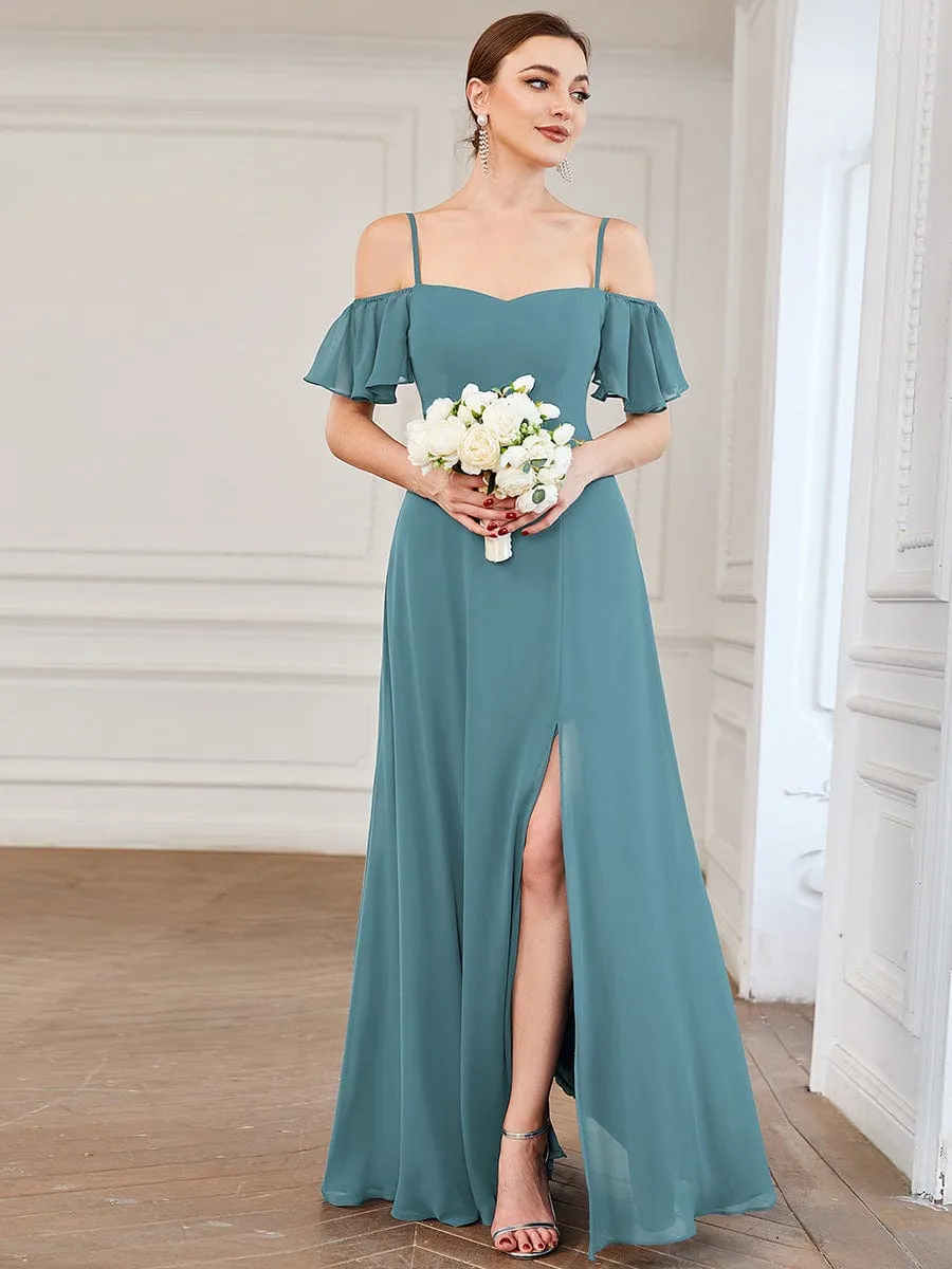 Stylish Cold Shoulder Flare Sleeves Flowy Bridesmaid Dress