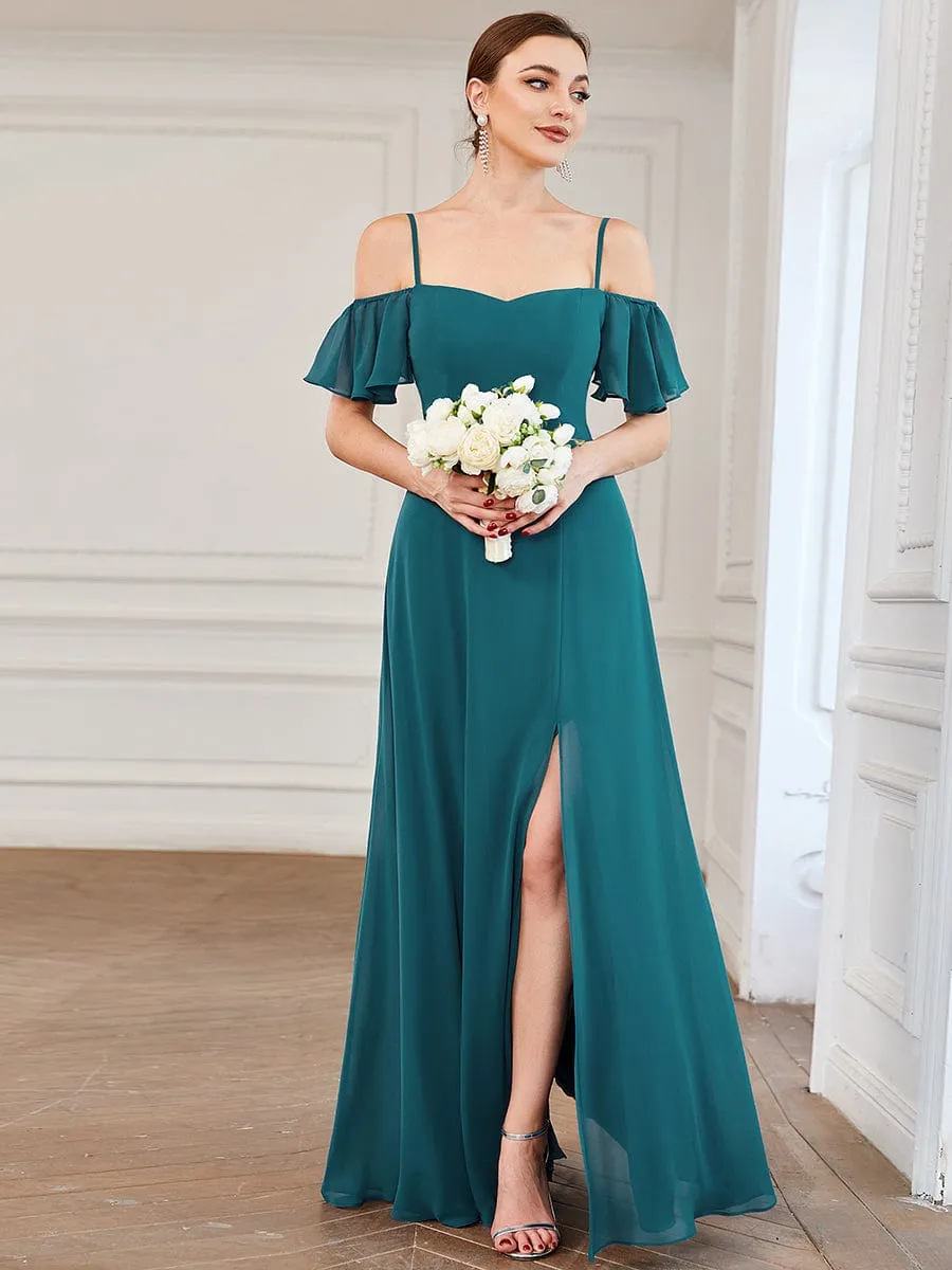 Stylish Cold Shoulder Flare Sleeves Flowy Bridesmaid Dress