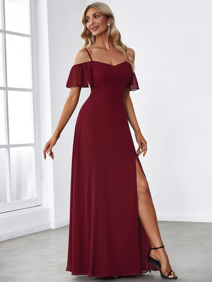 Stylish Cold Shoulder Flare Sleeves Flowy Bridesmaid Dress