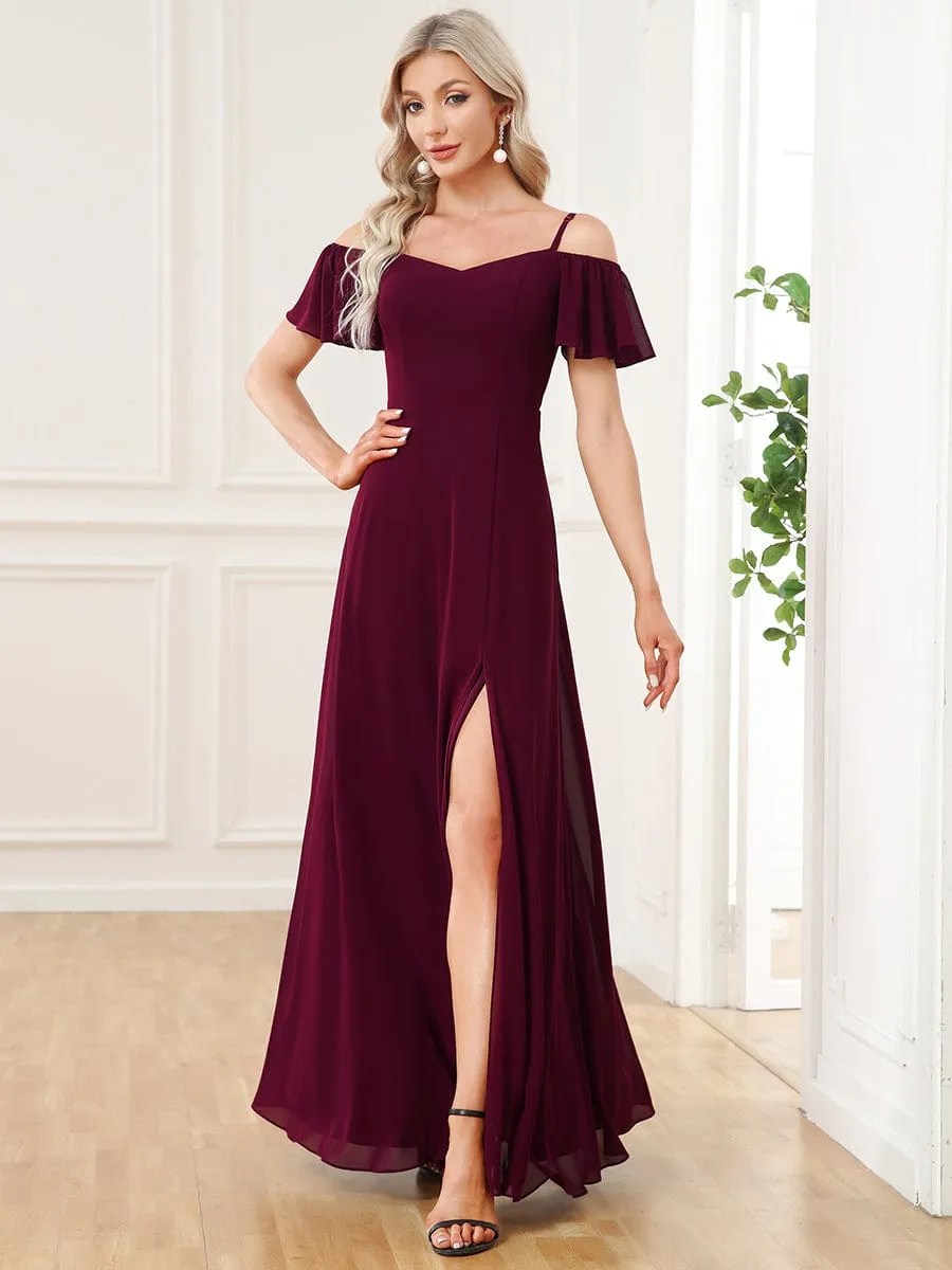 Stylish Cold Shoulder Flare Sleeves Flowy Bridesmaid Dress