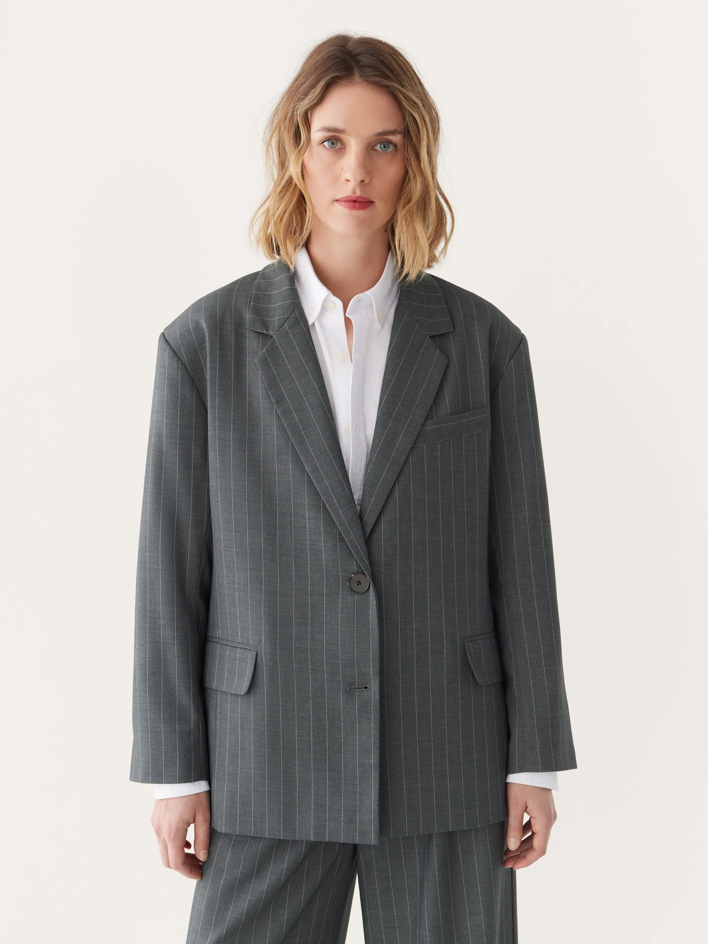 The Pinstripe Blazer in Cool Grey