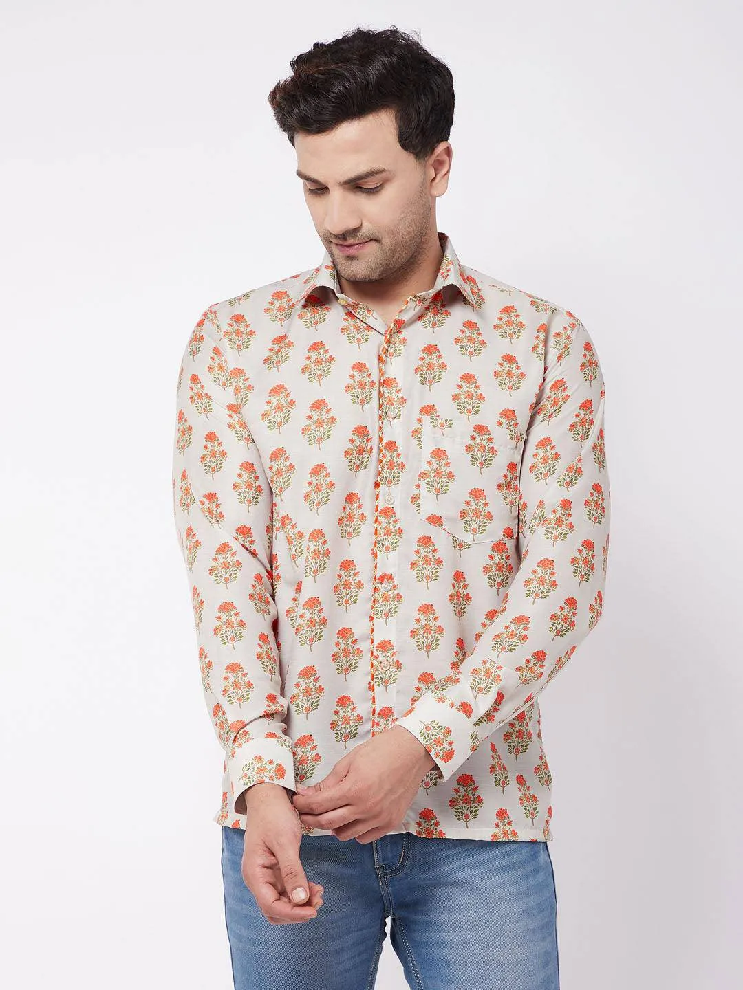 VASTRAMAY Men's Multicolor-Base-Beige Ethnic Shirt