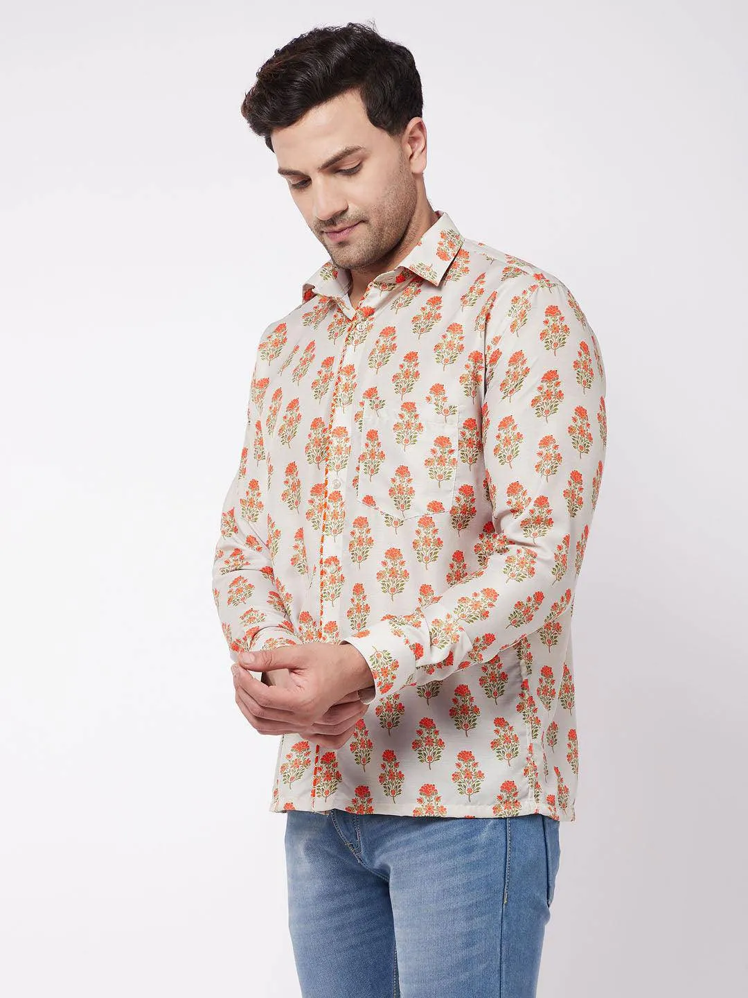 VASTRAMAY Men's Multicolor-Base-Beige Ethnic Shirt