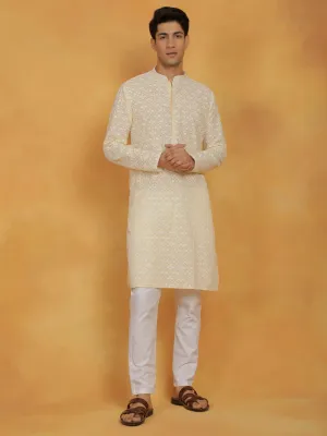 VASTRAMAY Men's Yellow Chikan Embroidery Kurta Set