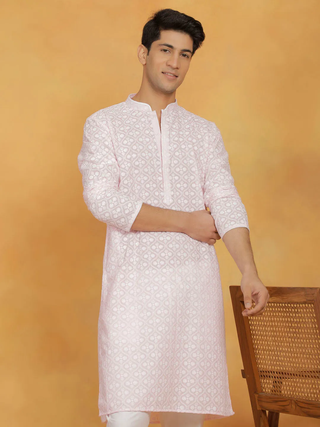 VASTRAMAY Pink and White Cotton Kurta Set