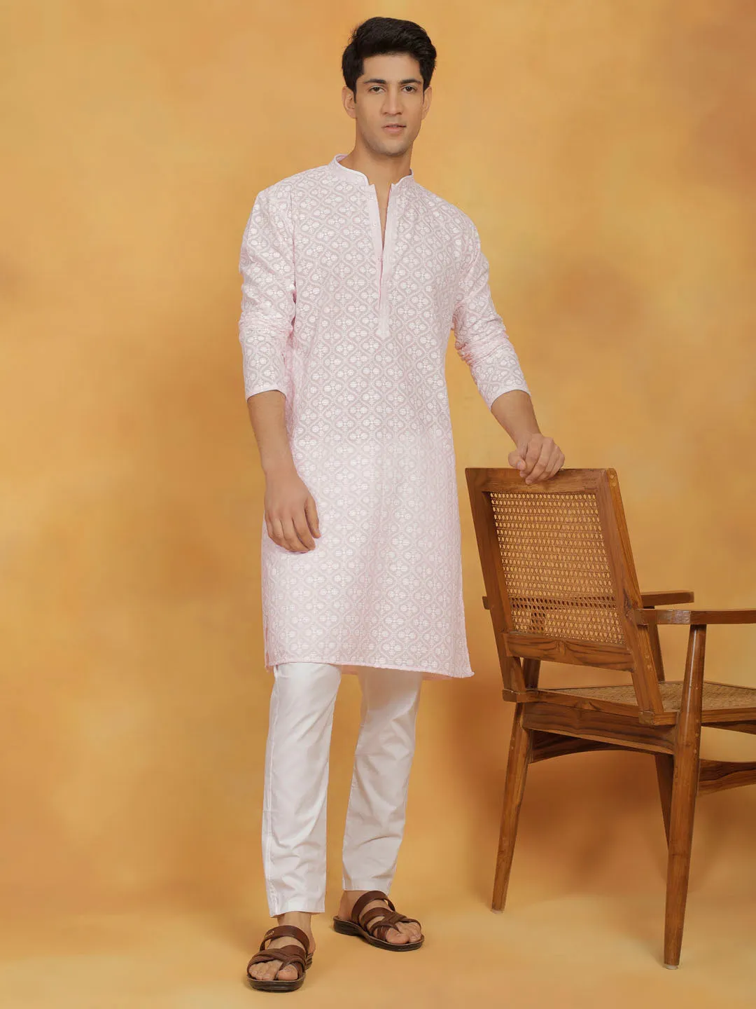 VASTRAMAY Pink and White Cotton Kurta Set