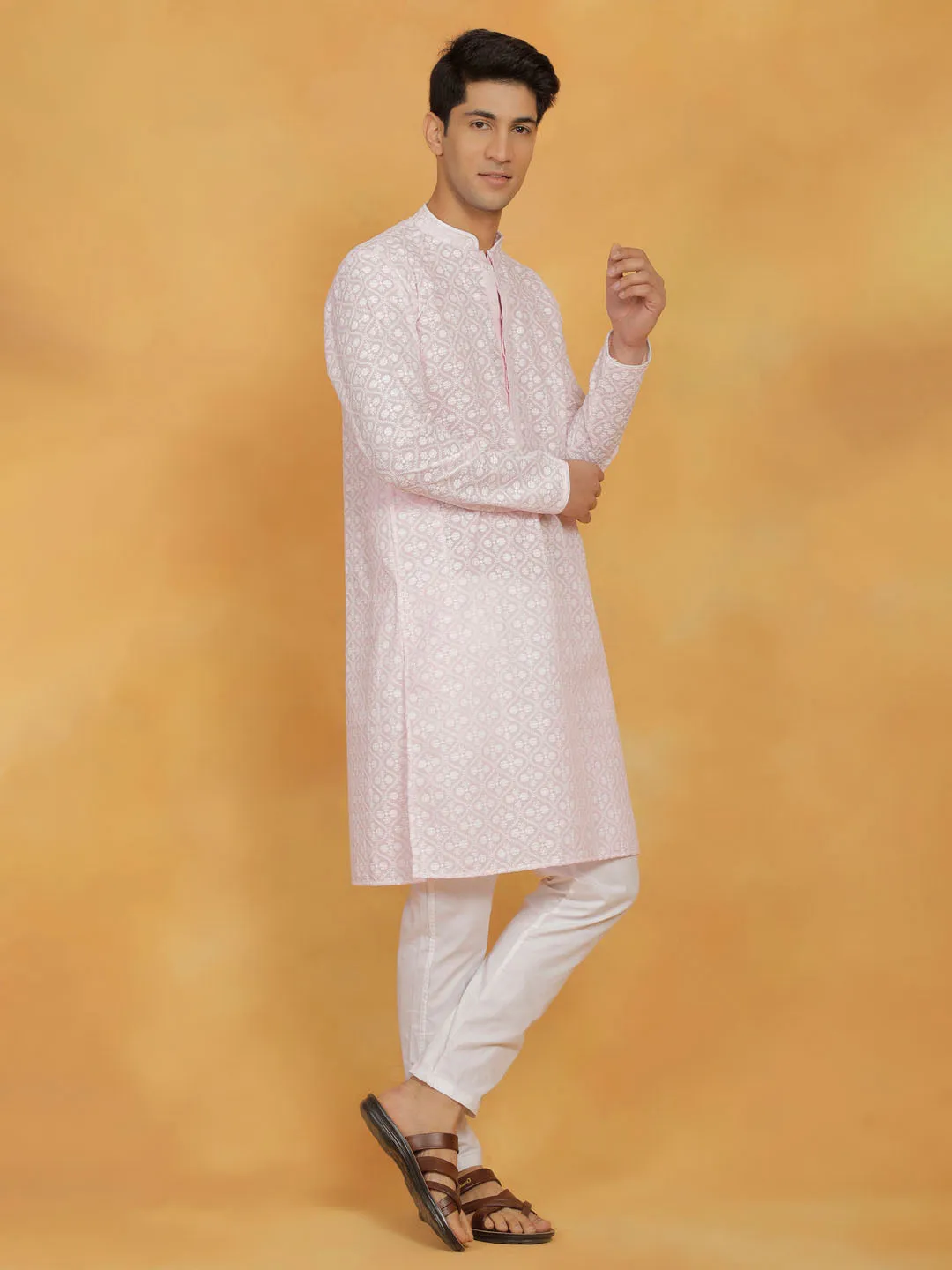 VASTRAMAY Pink and White Cotton Kurta Set