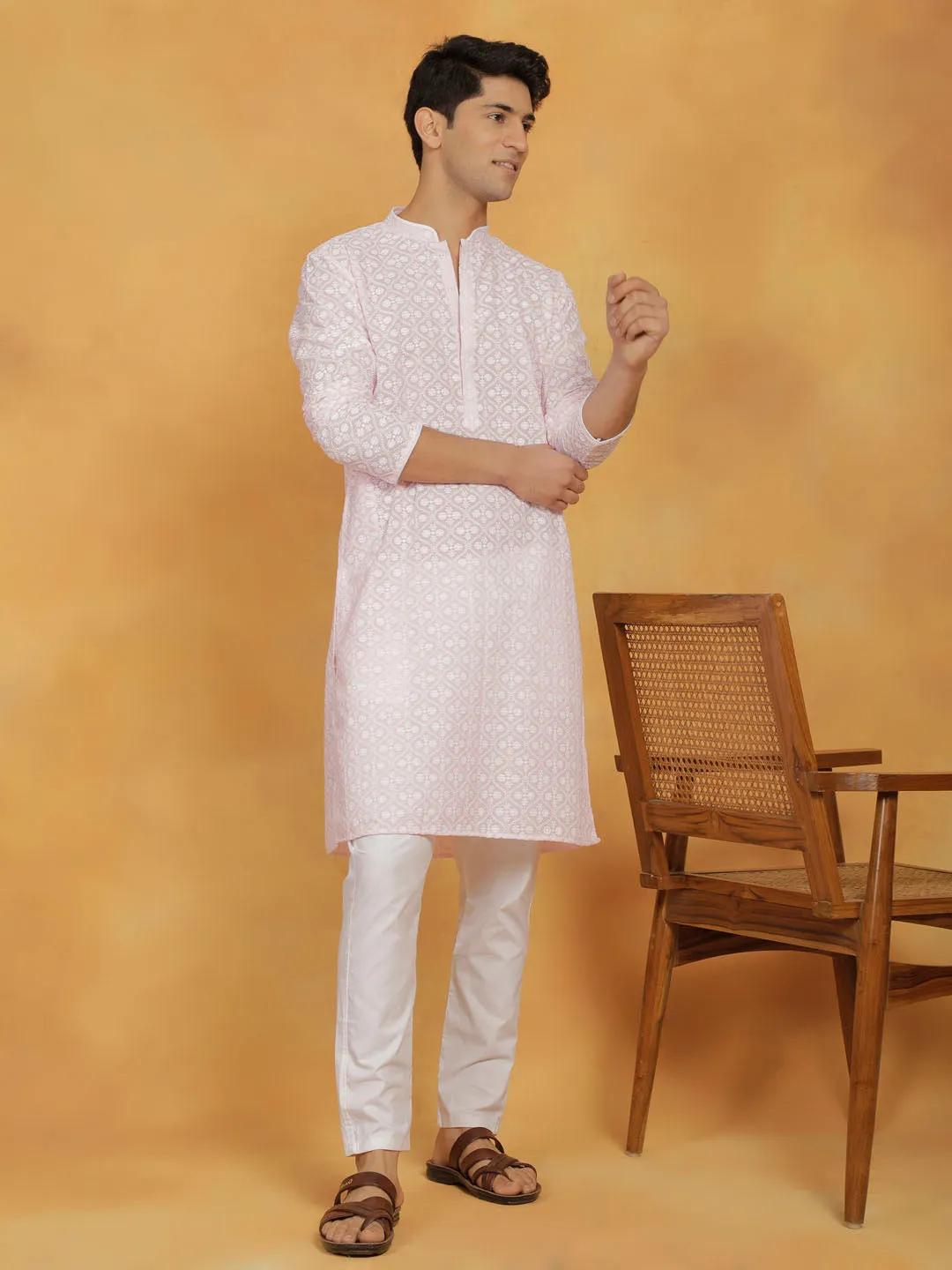 VASTRAMAY Pink and White Cotton Kurta Set