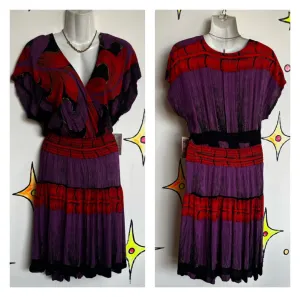 Vintage 90s | Red & Purple Abstract Flowy Mini Dress | Medium