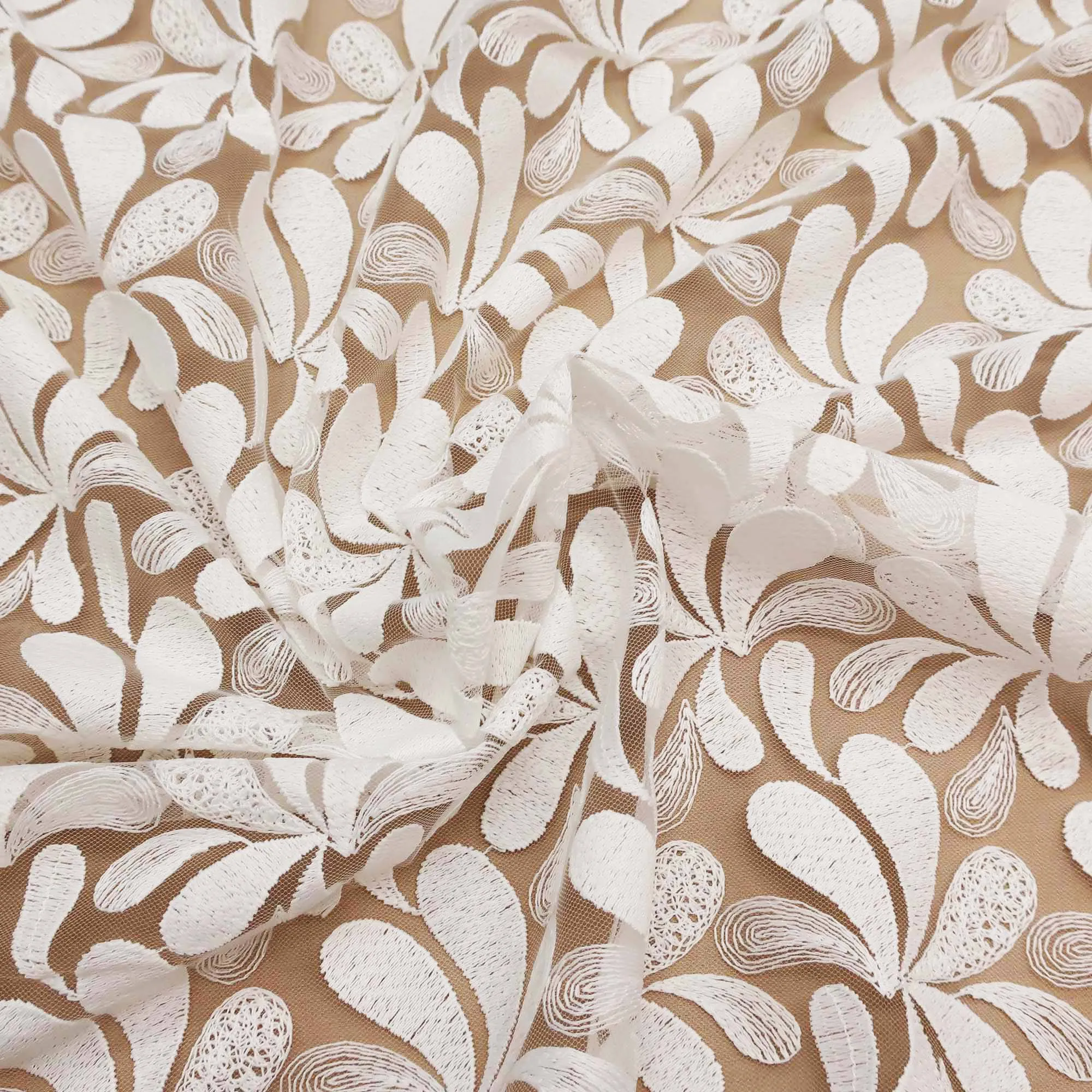 White Floral Embroidered Tulle Fabric