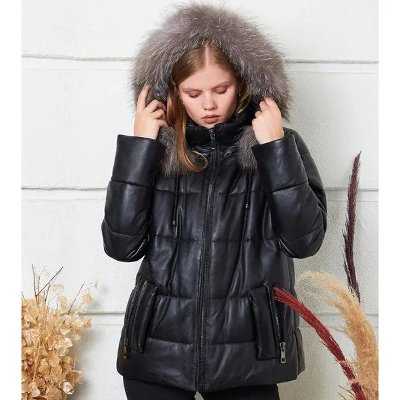 Womens Black Puffer Coat With Fur Hooded