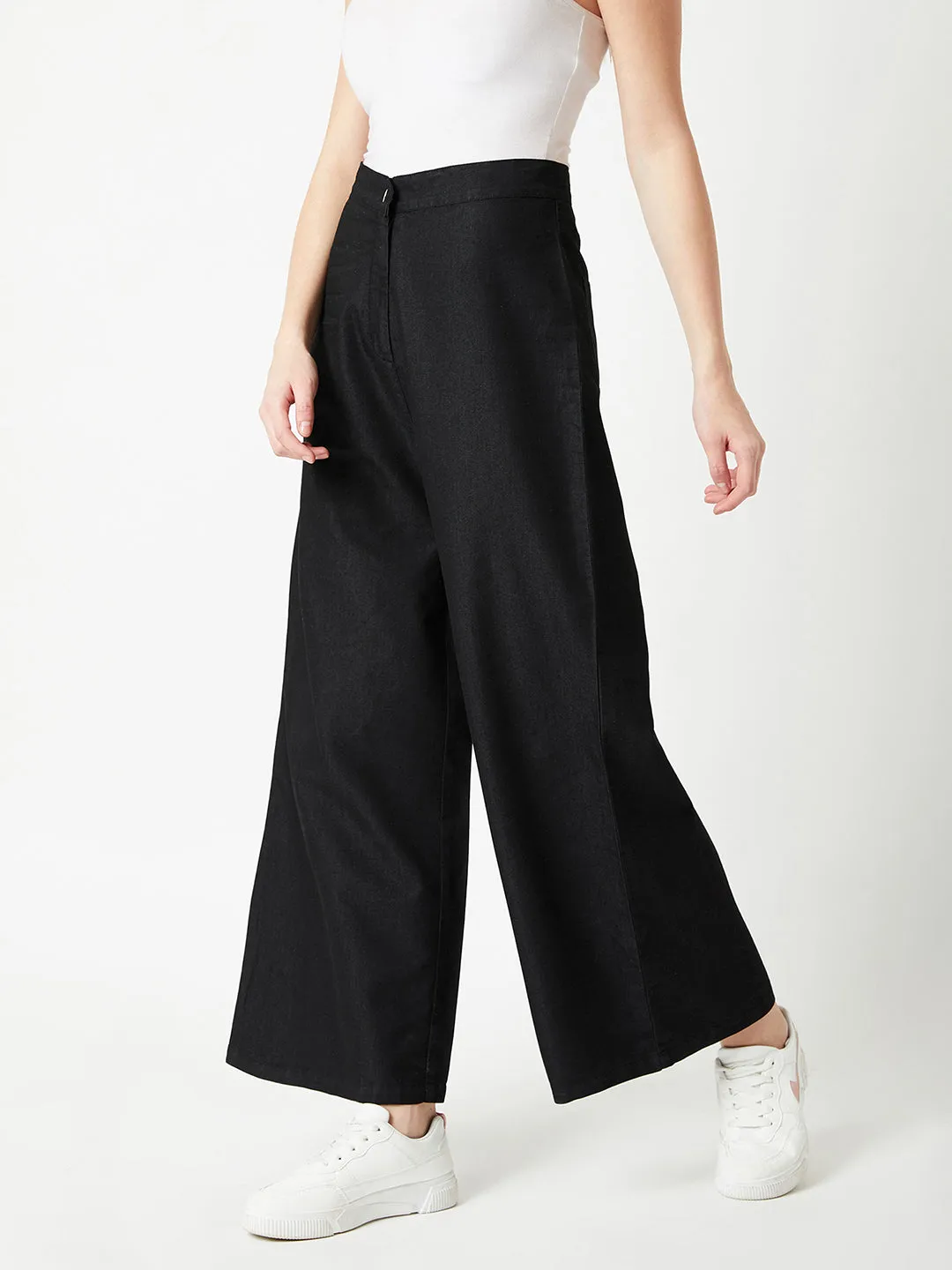 Women's Black Wide-Leg High Rise Light Weight Clean Look Regular Length Denim Pants