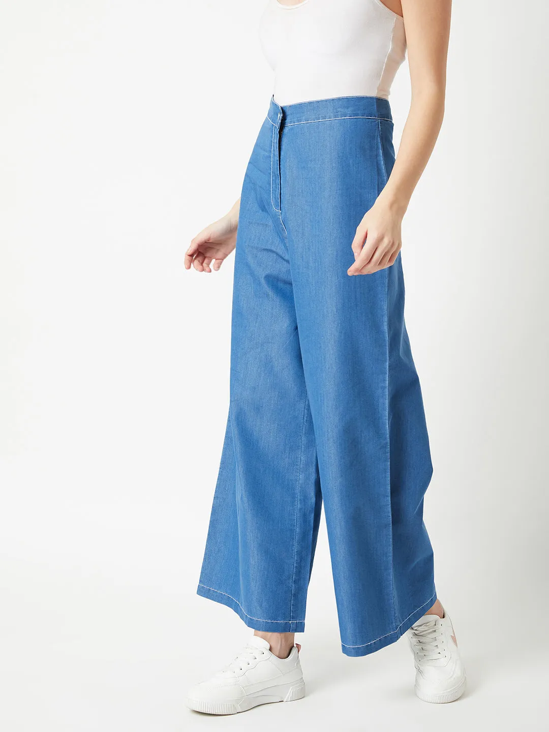 Women's Blue Wide-Leg High Rise Light Weight Clean Look Regular Length Light Weight Denim Pants