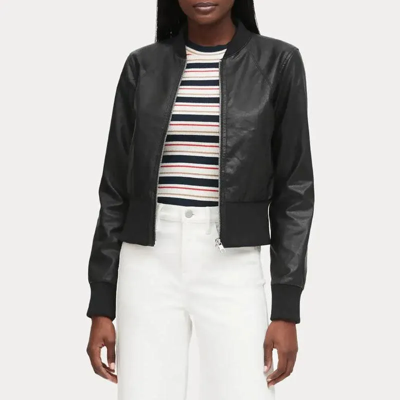 Women's Cropped Ribbed Cuff Black Bomber Jacket